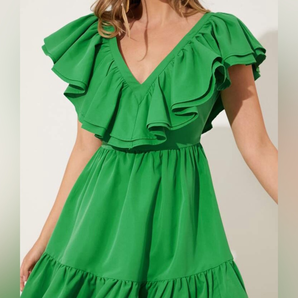 Green Mini Layered Ruffle Dress Size Large - Picture 5 of 9